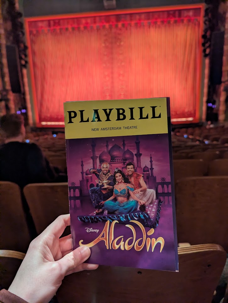 My playbill for Aladdin with the view from my seat. We're in nearly the back on the floor but visibility is good.