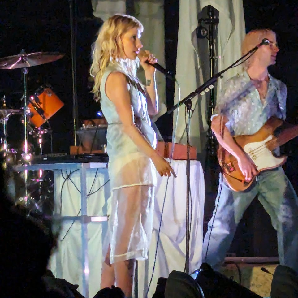 A blurry, zoomed in photo of Hayley Williams standing on stage holding a microphone.