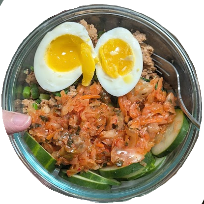 This photo is mostly kimchi and my perfect, perfect hard boiled egg with runny yolk.